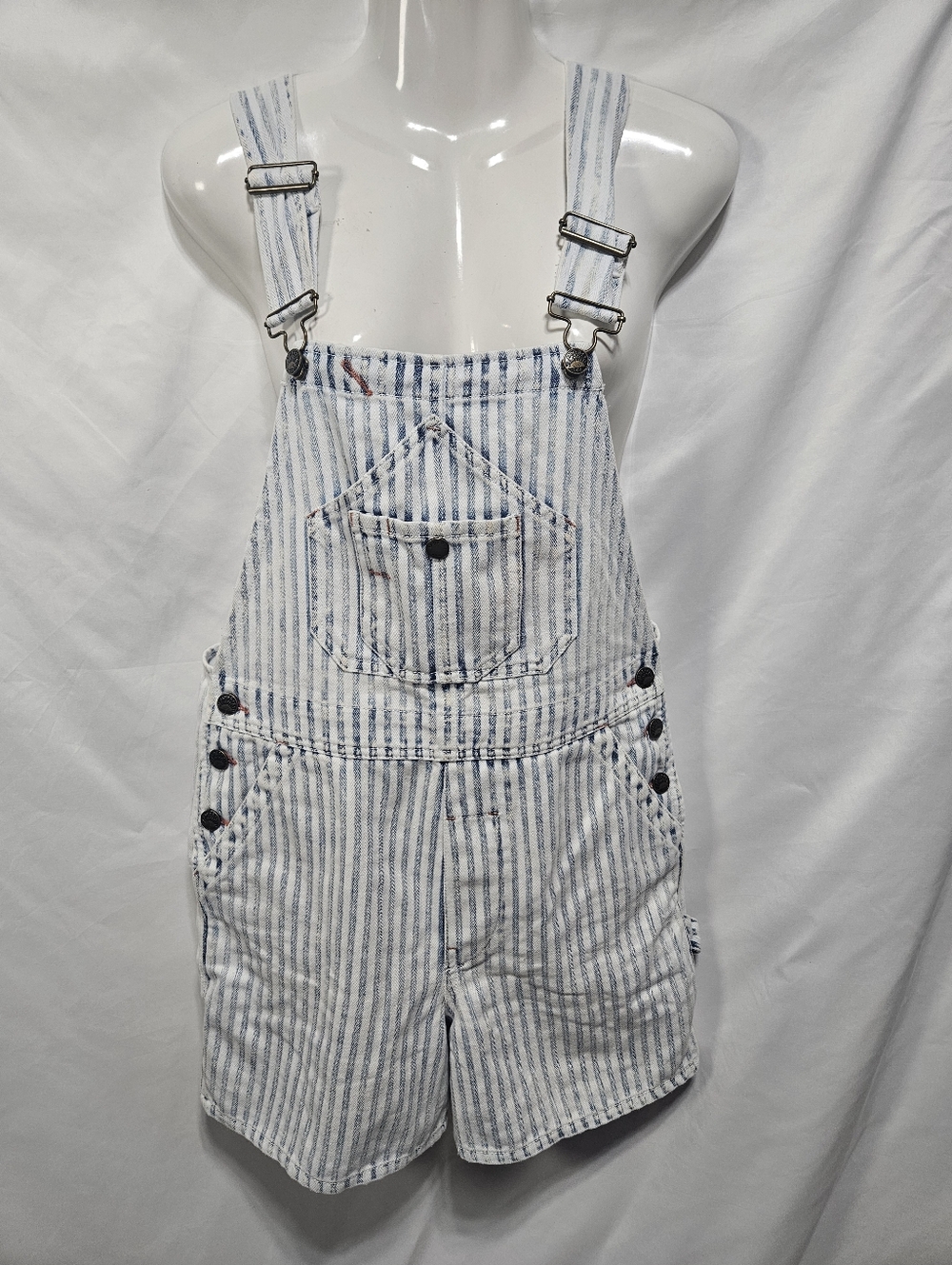Faherty Striped Denim Short Overalls XS Blue White Railroad Bib Shorts